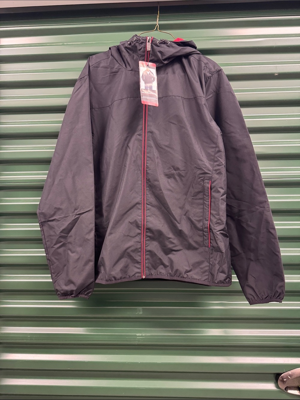 Weatherproof Black Hooded Windbreaker with Red Accents